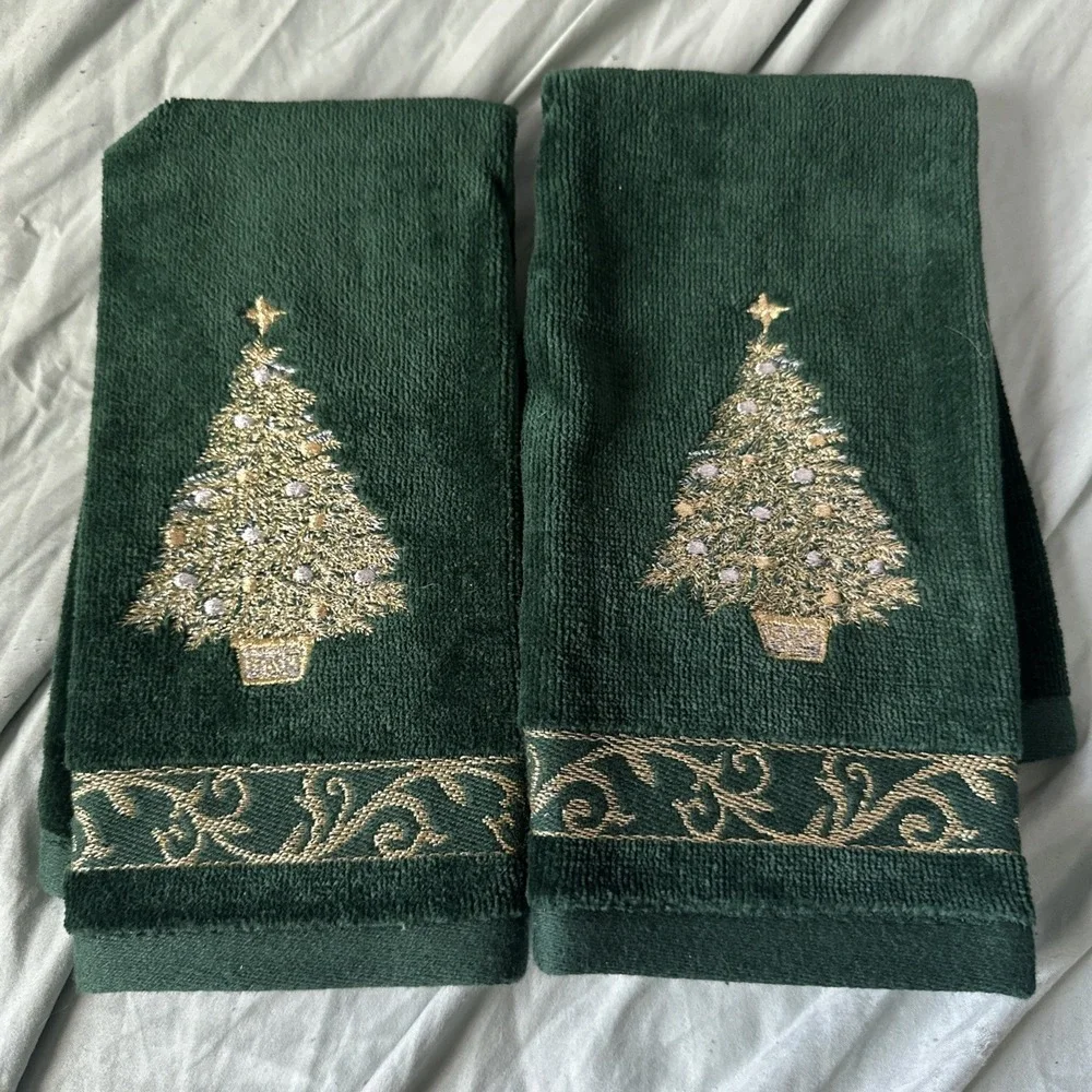 Emerald Green Vintage Velvet Touch Gold Tree Detail Decorative 5pc Towel Set